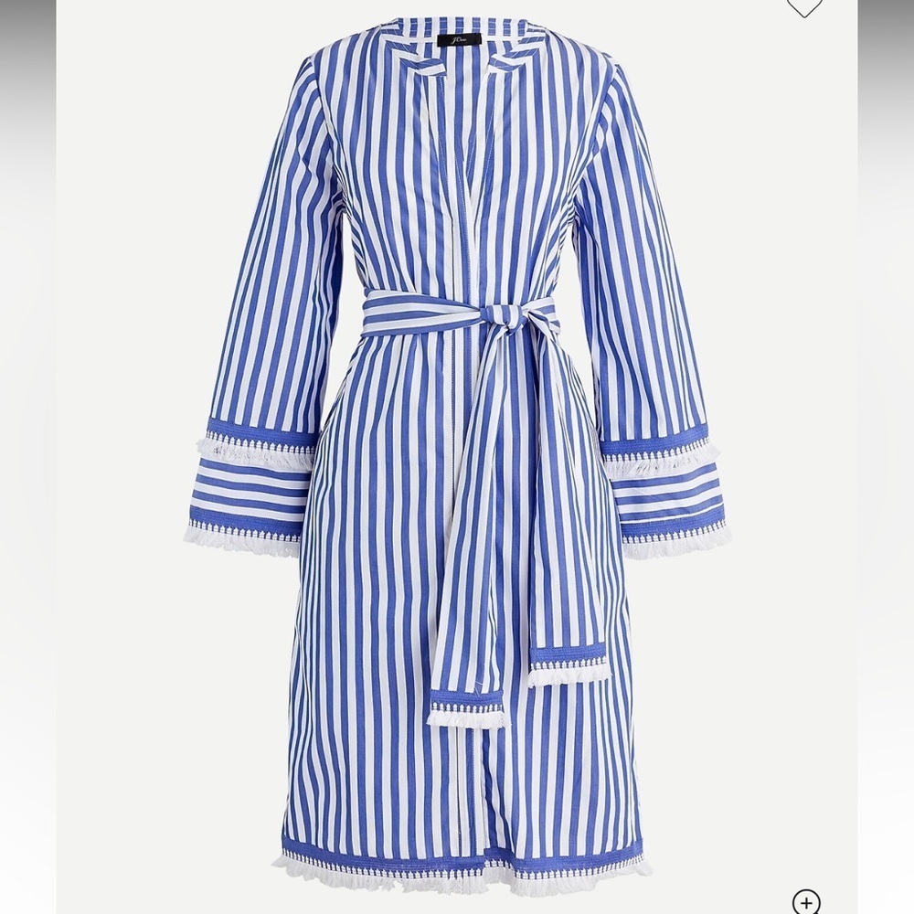 J. Crew Belted Cotton Poplin Tunic Dress 12 Blue White Striped Tassel Trim GUC
